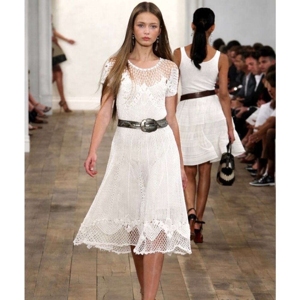 Ralph Lauren Collection Hand Crochet Midi Dress Knit Ivory Runway Boho Western M